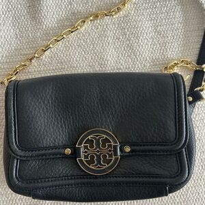 Tory Burch Black Leather Crossbody Bag with Gold Chain